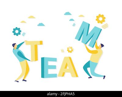 Flat illustration of teamwork concept with businessman putting letters. Simple illustration in blue and yellow color. Business and finance concepts. Stock Vector