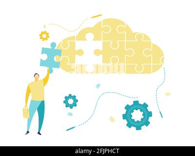 Flat illustration of a businessman holding a jigsaw puzzle to arrange in the cloud. Concept of cloud computing with jigsaw puzzle. Business concept Stock Vector