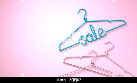 A hanger with the inscription SALE in green on a pink background. 3d render. Stock Photo