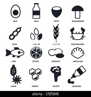 Large set of black and white icons with the main allergens in food Stock Vector