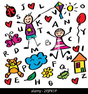 Children playing background. Doodle style. Stock Photo