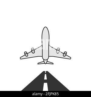 Vector icon of a flying passenger plane over the runway. Stock Vector