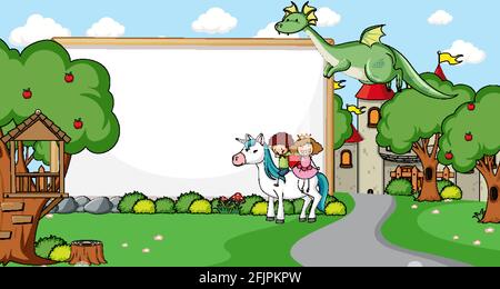 Fairy tales in forest with blank banner cartoon style on white ...