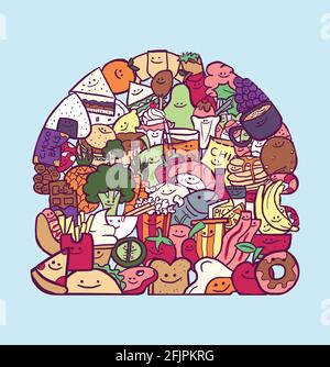 Giant hamburger illustration containing lots of colorful food doodle. Flat digital illustration on light blue background Stock Photo