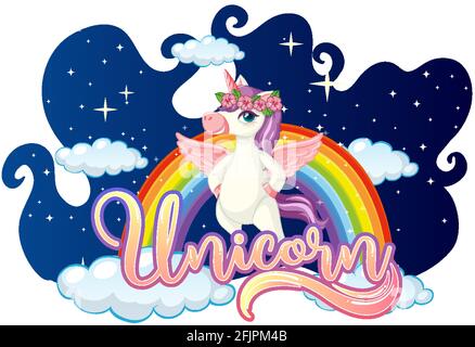 A Fairy Tale font with unicorn cartoon character standing on a cloud illustration Stock Vector