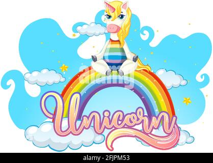 Cartoon character of unicorn standing on rainbow with unicorn font illustration Stock Vector