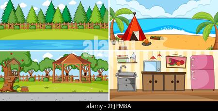 Outdoor scene set with many kids doodle cartoon character illustration Stock Vector