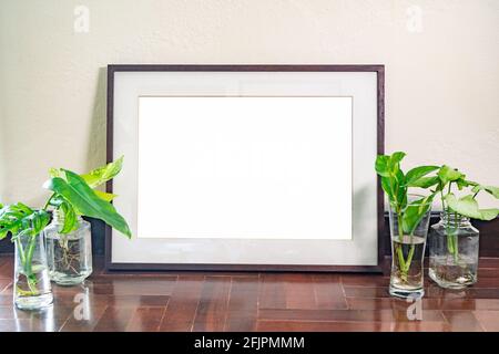 Photo frame mock-up on the floor with indoor plant vases Stock Photo