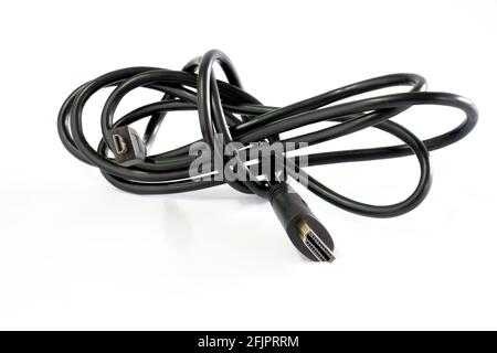Micro HDMI transfer to HDMI plug device and cable connectors for HD TV, cameras, new technology connectors on white background. Stock Photo