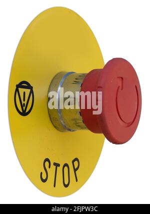 Red Emergency STOP button for industrial and factory equipment on a round yellow plate with exclamation mark in triangle. Side view, isolated on white Stock Photo