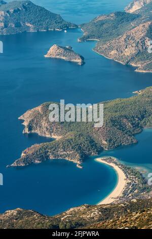 View of the Blue Lagoon in Oludeniz from the Babadag mountain in Turkey Stock Photo