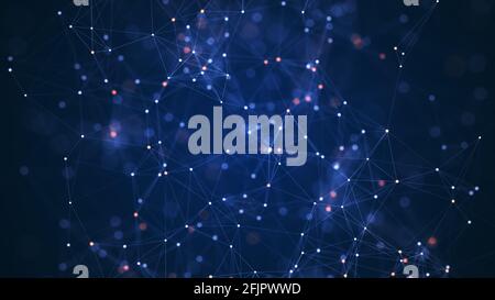 Abstract connected dots and lines on blue background. Communication and technology network concept with moving lines and dots. Stock Photo