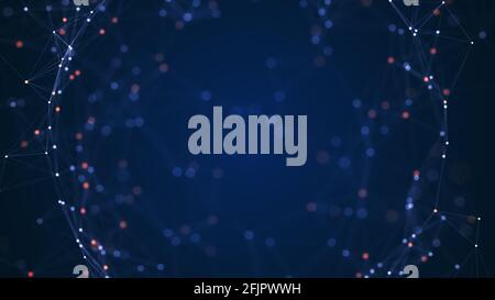 Abstract connected dots and lines on blue background. Communication and technology network concept with moving lines and dots. Stock Photo