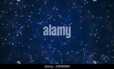 Abstract connected dots and lines on blue background. Communication and technology network concept with moving lines and dots. Stock Photo