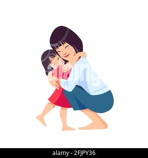 Asian woman mother and child. Mom hugging her daughter with a lot of love and tenderness. Mother's day, holiday concept. Cartoon flat isolated vector Stock Vector