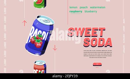 Sweet soda banner. Website design of fizzy drinks with fruits juice. Vector landing page with flat illustration of raspberry, watermelon and peach beverage in aluminium cans Stock Vector