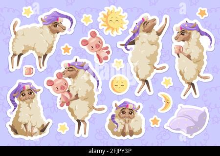 Cute sheep in nightcap, cartoon animal stickers set. Little fluffy lamb mascot with funny face hugging pig toy, wear curlers on fur, drink milk before night sleep. Kawaii character isolated patches Stock Vector