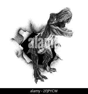 Hand drawn torn paper with dinosaur, sketch graphics monochrome illustration on white background (originals, no tracing) Stock Photo