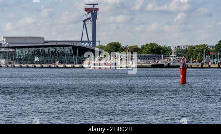 Rostock, Mecklenburg-Western Pomerania, Germany - June 14, 2020: View from Hohe Duene towards Warnemuende with the cruise ship terminal on the left Stock Photo