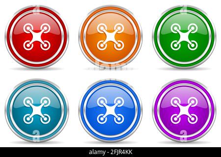 Drone, copter silver metallic glossy icons, set of modern design buttons for web, internet and mobile applications in 6 colors options isolated on whi Stock Photo