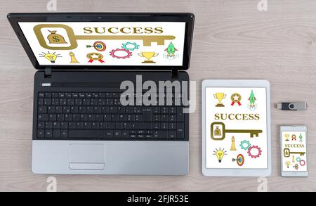 Business success concept shown on different information technology devices Stock Photo