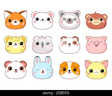 Set of kawaii member icon. Cute cartoon character. Baby collection of avatars with animal. Childish print with cat, rabbit, polar bear, panda, dog, fo Stock Vector