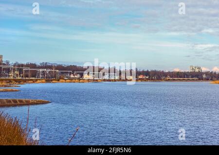 April 15, 2017 - Jurmala, Latvia: real pretty panorama of spring river Lielupe in latvian Jurmala Stock Photo