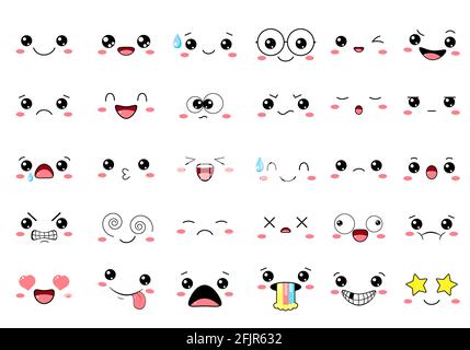 Collection of kawaii emoticons with different mood. Set of cute cartoon emoji faces in different expressions - happy, sad, cry, fear, crazy. On white Stock Vector