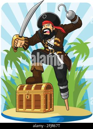Pirate Captain with His Treasure Chest Cartoon Illustration Drawing Stock Vector