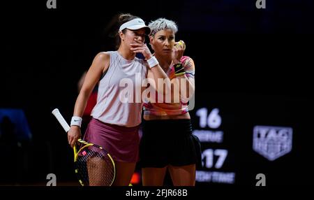 Desirae Krazwczyk and Bethanie Mattek-Sands of the United States in action during the doubles final of the 2021 Porsche Tennis Grand Prix, WTA 500 tournament on April 25, 2021 at Porsche Arena in Stuttgart, Germany - Photo Rob Prange / Spain DPPI / DPPI / LiveMedia Stock Photo