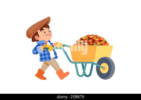 Cute little boy character pushes a wheelbarrow full of leaves and helps parents. Happy spring or autumn. Child in a hat removes leaves from the garden Stock Vector