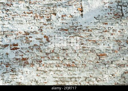A whitewashed grungy brick wall with the red bricks visible in places in sunlight with shadow. Stock Photo