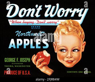 Don't Worry. Northwest Apples. Restored vintage poster published in the 1940s in the USA. Stock Photo