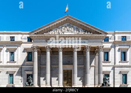 Congress of Deputies of Spain in Carrera of San Jeronimo in Madrid. Main facade. Also known as Las Cortes is the seat of the Spanish Parliament Stock Photo