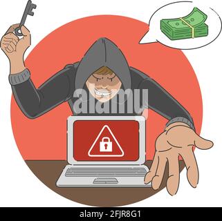 Ransomware Attack Scam Malware on Laptop Computer Cartoon Illustration Stock Vector