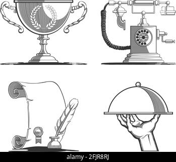Icons Vintage Trophy Retro Telephone Antique Manuscript Silhouette Stock Vector
