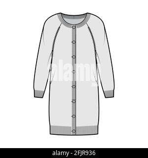 Dress Round neck cardigan sweater technical fashion illustration with long raglan sleeves, oversized body, knee length, knit rib cuff. Flat jumper apparel front, grey color. Women, unisex CAD mockup Stock Vector