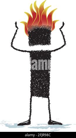 The head of a stick figure is burning. A person who is burnt by work. Stock Vector