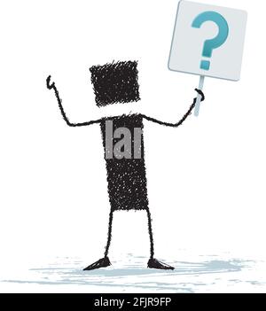 A stick figure holding a banner. On the banner there is a question mark. Stock Vector