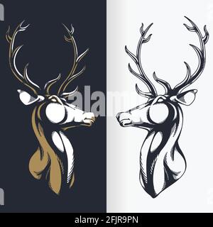 Silhouette Stag Buck Elk Deer Head Stencil Isolated Vector Drawing Stock Vector