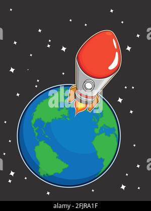 Flying Space Rocket Launch Orbit Cartoon Illustration Vector Drawing Stock Vector