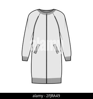 Zip-up dress cardigan Sweater technical fashion illustration with rib crew neck, raglan sleeves, oversized body, knit trim, pockets. Flat jumper apparel front, grey color. Women men unisex CAD mockup Stock Vector