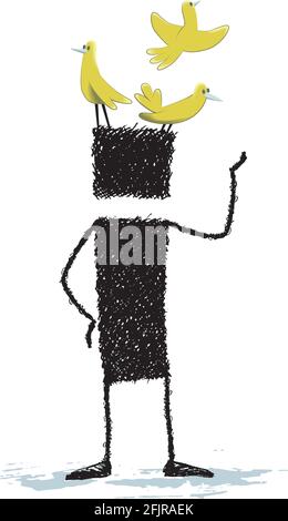 A stick figure is standing. On his head they are perched several birds. A conceptual illustration of the phrase having birds in the head. Being distra Stock Vector