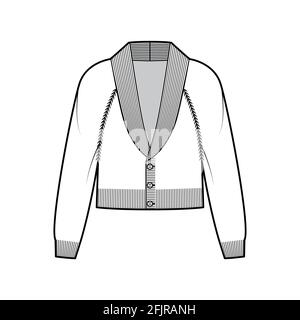 Cropped Cardigan Shawl collar Sweater technical fashion illustration with long raglan sleeves, relax body, waist length, knit rib trim. Flat apparel front, white color style. Women unisex CAD mockup Stock Vector