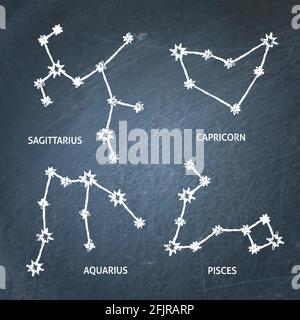 Zodiac constellation symbols collection. Connected shining stars on chalkboard. Sagittarius, Capricorn, Aquarius and Pisces astrology signs. Vector il Stock Vector