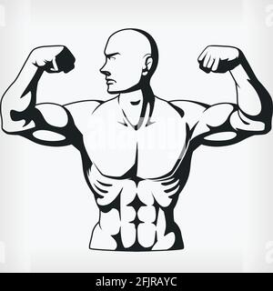 Silhouette Bodybuilder Flexing Arm Muscles Stencil Vector Drawing Stock Vector