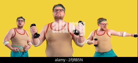 gym promotion poster. an overweight man doing sports on a yellow background. Funny fat man Stock Photo