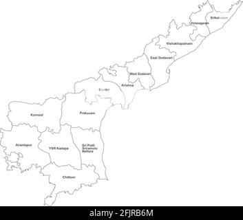 Andhra Pradesh districts map with name labels. Indian state. White background. Stock Vector