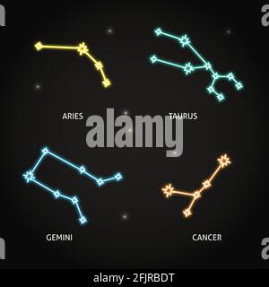 Neon zodiac constellation symbols collection on dark background. Connected shining star astrology signs. Aries, Taurus, Gemini and Cancer. Vector illu Stock Vector