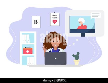 Doctor consulting a patient through computer in the cabinet. Senior woman consulting a doctor online using her computer at home, telemedicine and Stock Vector